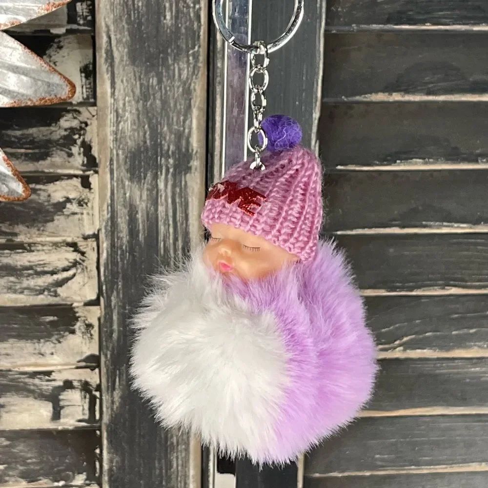 Pom Baby Keychain-Purple & White w/Hat